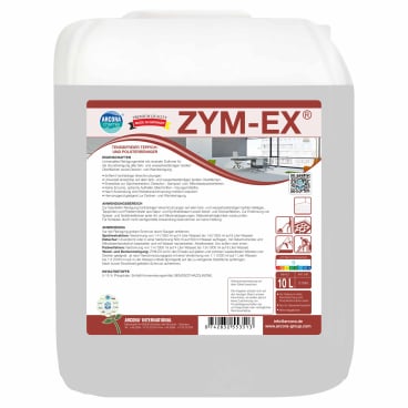 Ein weißer 10-Liter-Kunststoffkanister mit der Aufschrift "Arcora zym-ex" der Arcora International GmbH ist ein tensidfreier Teppich- und Polsterreiniger mit Produktinformationen, Anleitungen, Symbolen und QR-Codes für die industrielle Reinigung oder Desinfektion.