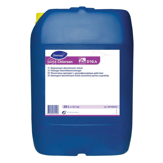 Ein großer blauer 20-Liter-Behälter mit der Aufschrift „Diversey Suma Chlorsan D10.4, Desinfektionsreiniger mit Aktivchlor“ der Diversey Deutschland GmbH & Co. OHG; mit mehrsprachigem Etikett und Produktdetails.