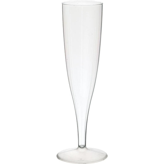 A clear Champagnerglas Transparent 135 ml von Duni GmbH aus hochwertigem PS steht mit langem Stiel und schmalem Kelch vor weißem Hintergrund und präsentiert die Eleganz des Glases, erhältlich im 10er-Pack.