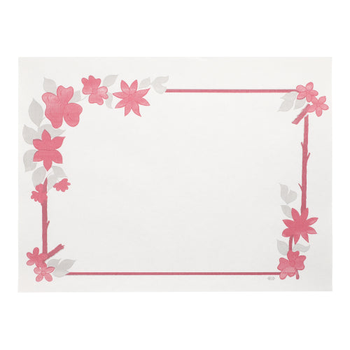 Die PAPSTAR 250 Tischsets (30x40 cm, weiß) der PAPSTAR GmbH sind weiße rechteckige Papiertischsets mit rosa Rand und floralen Akzenten, wobei die Mitte frei bleibt – ideal als stilvoller Einweg-Tischschutz für jede Veranstaltung.
