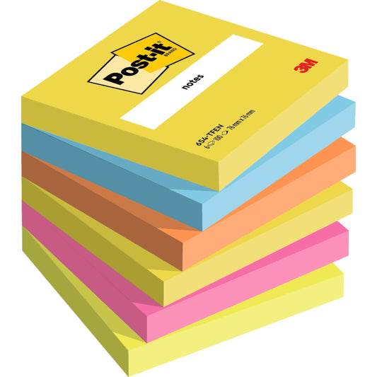 Eine Packung mit sechs quadratischen 3M Post-it® Notizen (Energetic Collection), 76x76 mm, in verschiedenen Farben mit 100 Blatt pro Block. Hergestellt aus 100% PEFC-zertifiziertem Papier.