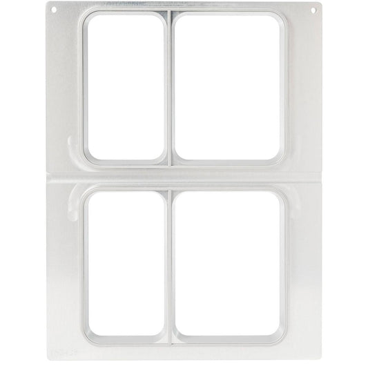 Die Kassette DF15/25 von Duni GmbH ist eine klare Kunststoffvorlage mit vier rechteckigen Öffnungen (2 Reihen), ideal für CPET Schalen 515/370 ml und 655/455 ml. Jede Öffnung hat erhöhte Ränder, oben sind zwei kleine Löcher.