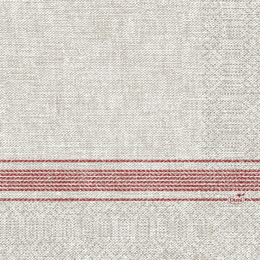 Diese 33 x 33 cm großen, 3-lagigen Zelltuchservietten der Duni GmbH in Cocina bordeaux haben einen beigen Strukturstoff mit roten Querstreifen und dem Schriftzug Duni" in roter Schrift am Rand; Packung enthält 250 Stück.