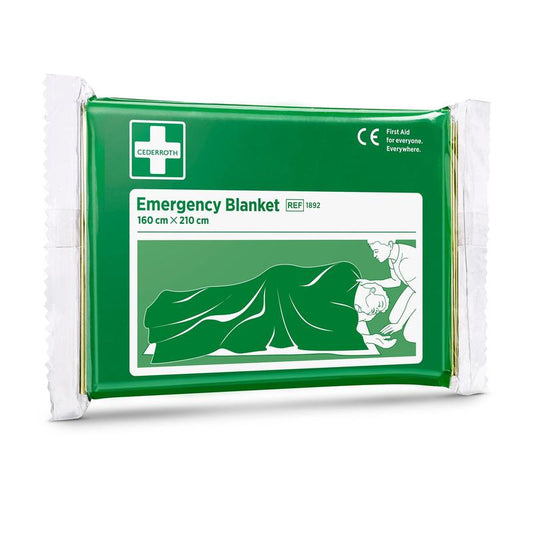 Eine grüne Packung mit der Aufschrift "Cederroth Notfalldecke | Packung (1 Stück)" von Orkla Wound Care AB, die eine Notfalldecke (160 x 210 cm) mit einer Ein-Personen-Abbildung zeigt - perfekt für jede Erste-Hilfe-Ausrüstung.