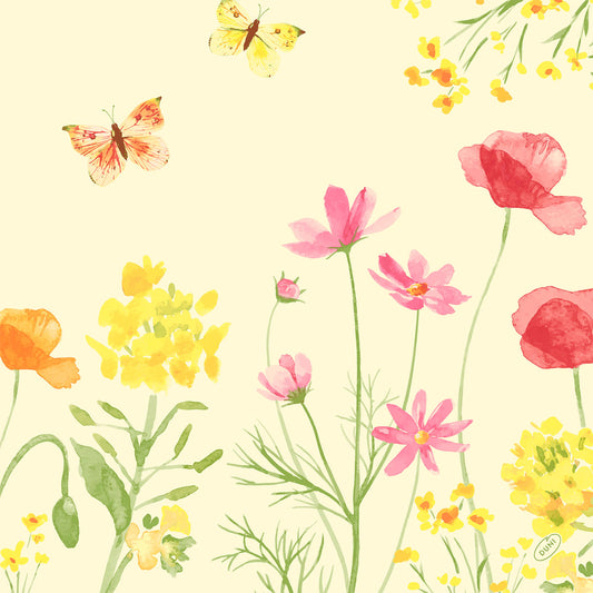 Aquarellierte Wildblumen in Gelb, Rosa und Orange mit Schmetterlingen zieren die Duni GmbH Servietten 40x40 cm, 4-lagig, Klassik Poppy Field (50 Stück). Der helle cremefarbene Hintergrund sorgt für Eleganz bei besonderen Anlässen.