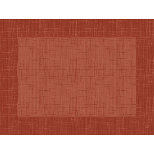 Das Dunicel-Tischset 30 x 40 cm Linnea Earth Terra der Duni GmbH ist ein rechteckiges rotes Tischset mit strukturiertem Kreuzschraffurmuster, festem Rand und hellem Innenrechteck. Packung: 500 Stück.