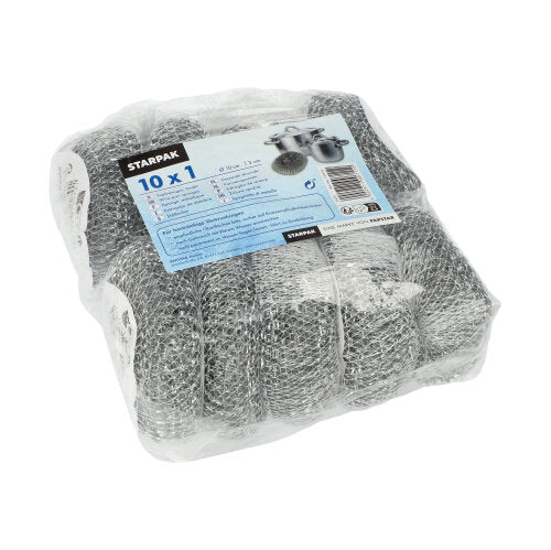 Ein in Plastik verpackter Starpak Topfreiniger (Draht rund Ø 10 cm, 3 cm, kratzend | Netz, 1 Stück) mit blauem Text und Schrubberbildern, ideal für die gründliche Reinigung von Kochgeschirr mit Produktdetails auf der Vorderseite.