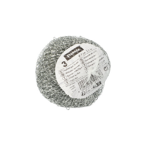 Die Starpak 3 Topfreiniger (Draht Ø 7 cm · 2 cm, kratzend | Netz, 3 Stück) sind runde Scheuerschwämme aus Metall mit weißem Informationsetikett, ideal für gründliche Reinigung und Schrubben verschiedener Oberflächen.