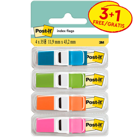 Der Post-it® Index Haftstreifen Mini Pack von 3M Deutschland GmbH enthält 4 farbige Spender (3+1 frei) mit je 35 Streifen (11,9 x 43,2 mm) pro Spender.