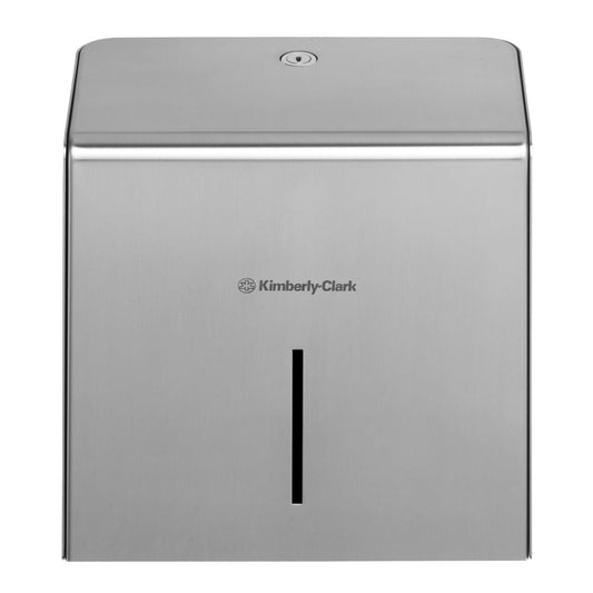 Der Kimberly-Clark Professional™ Mini Jumbo Toilettenpapierspender (Edelstahl) der Kimberly-Clark GmbH verfügt über ein robustes Edelstahldesign mit einem Sichtschlitz und einem Schlüsselloch an der Oberseite für einen einfachen Zugang und bietet sowohl Stil als auch Funktionalität.