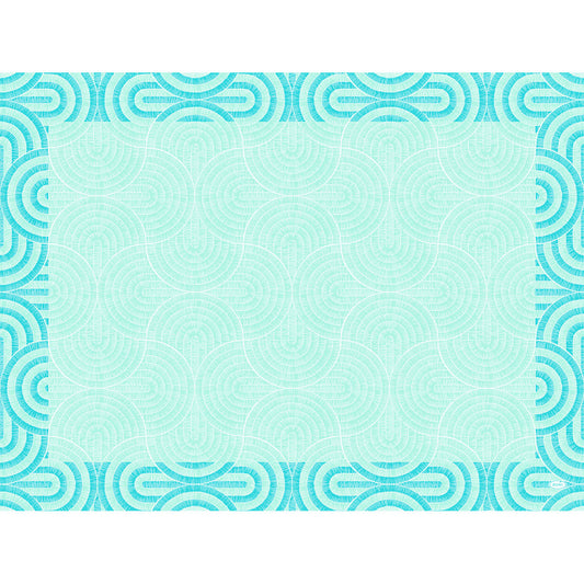 Die Duni GmbH Papier-Tischsets 30x40cm Breeze mintblau zeichnen sich durch eine zentrale mintblaue Fläche und eine geometrische Bordüre mit sich wiederholenden blauen und türkisfarbenen Kreisen aus, die einen stilvollen, symmetrischen, vom Art Deco inspirierten Look ergeben. Packung: 250 Stück.
