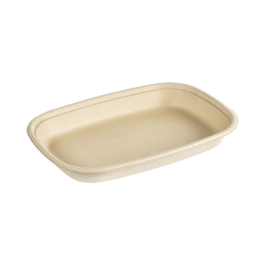 Eine beige Cube Bowl 800 ml von Duni GmbH aus Braun Bagasse, PBAT/PLA-beschichtet (249x172x30 mm), rechteckig mit abgerundeten Ecken und erhöhten Rändern, auf weißem Hintergrund. Packung: 40 Stück.
