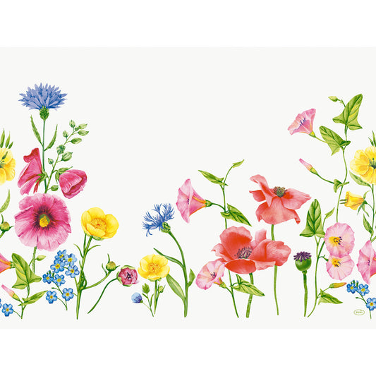 Bunte Wildblumen in Rosa, Gelb, Blau und Lila mit grünen Stielen schmücken die Bio-Dunicel-Sets 30x40 Flowy Meadow 100P. | Packung (100 Stück) von Duni GmbH - perfekt für eine stilvolle und umweltfreundliche Tischdekoration.