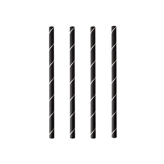 Vier PAPSTAR Cocktailstrohhalme 7 mm, schwarz/weiß "Stripes", 15 cm (250 Stück) der PAPSTAR GmbH sind senkrecht auf weißem Hintergrund angeordnet und heben diese stilvollen und umweltfreundlichen Papierstrohhalme hervor.