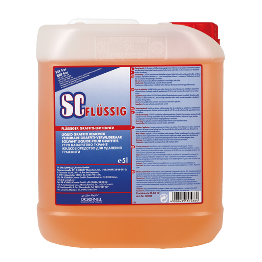 Ein 5-Liter-Kunststoffbehälter des Dr. Schnell SC FLÜSSIG Graffitientferners der DR.SCHNELL GmbH & Co. KGaA, gefüllt mit orangefarbener Flüssigkeit und beschriftet mit mehrsprachigen Produktangaben und Sicherheitshinweisen zur Graffitientfernung.