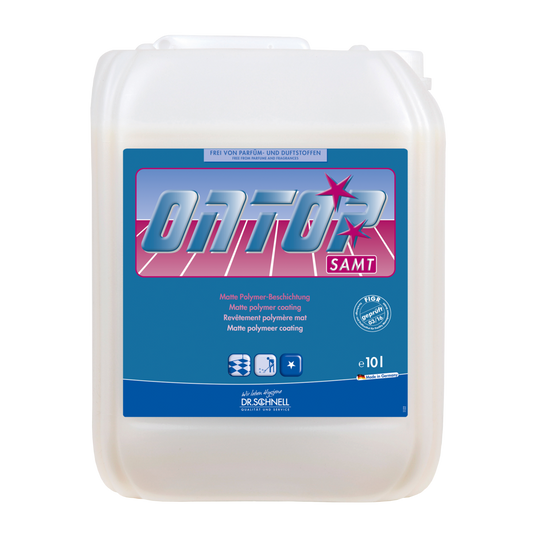 Ein 10-Liter-Kanister Dr. Schnell ONTOP SAMT Matt-Beschichtung für Gebäudereinigung, Böden, hochfrequentiert von DR.SCHNELL GmbH & Co. KGaA, mit blauer und rosa Beschriftung und Produktangaben auf hellem Grund.