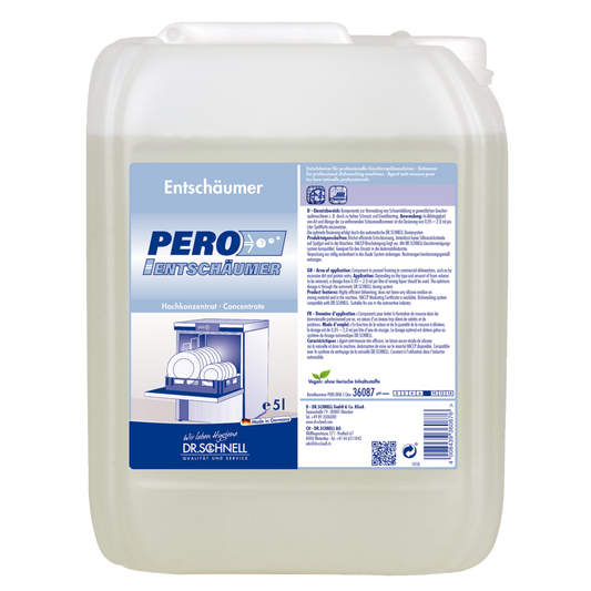 Ein 5-Liter-Kanister Dr. Schnell PERO ENTSCHÄUMER der DR.SCHNELL GmbH & Co. KGaA, für die Küchen- und Lebensmittelhygiene, ist für die Verwendung in Geschirrspülern gekennzeichnet und enthält Anweisungen, Warnhinweise und ein Bild für die Spülmaschine.