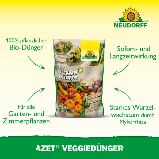Ein Beutel Azet VeggieDünger von Neudorff Shop ist mit Gemüsebildern abgebildet. Der Text hebt ihn als 100% veganen Dünger für Garten- und Zimmerpflanzen hervor, der eine sofortige Wirkung hat und ein starkes Wurzelwachstum fördert.
