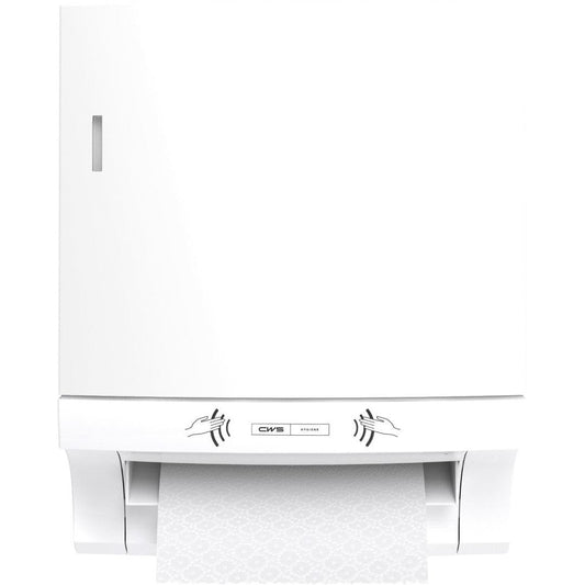 Der CWS ParadiseLine Papierhandtuchrollenspender Paperroll NT inklusive Panel Weiß wird an der Wand montiert und spendet berührungslos gemusterte Papierhandtücher, die hygienisches Händetrocknen gewährleisten - perfekt für den professionellen Gebrauch.