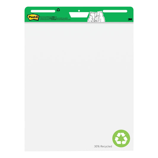 Die Post-it® Super Sticky Recycling Meeting Chart von 3M Deutschland GmbH ist ein weißer Staffelblock (63,5 x 76,2 cm) mit grünem Recycling-Symbol im Kopf und aus 100% PEFC-zertifiziertem Papier, mit 30 Blatt pro Block und zwei Blöcken pro Packung.
