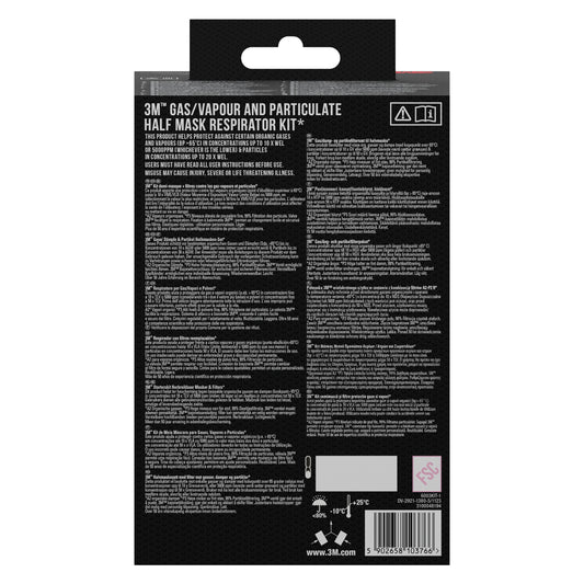 Die Rückseite eines 3M™ Filtersatzes 6003-1SP, A2P3 organische Dämpfe (1 Stück, 3M Deutschland GmbH) zeigt Produktinfos, Anweisungen, Warnhinweise und Barcodes in weißer Schrift auf schwarzem Hintergrund.