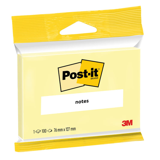 Eine Packung Post-it® Notes von 3M Deutschland GmbH in Gelb, 76 mm x 127 mm, enthält 100 Blatt, ist PEFC-zertifiziert und ideal für Bürobedarf. Die Verpackung zeigt das Markenlogo sowie Produktinformationen.
