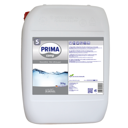 Ein 20 kg schwerer weißer Kunststoffkanister mit Griff und rotem Deckel, beschriftet mit "Dr. Schnell PRIMA COMP Flüssiger Komplexbildner für Wäschehygiene, DRS Dosierung" von DR.SCHNELL GmbH & Co. KGaA. Das Etikett enthält Text, Symbole, Barcode und QR-Code.