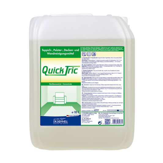 Ein 10-Liter-Kunststoffbehälter von Dr. Schnell QUICK TRIC von DR.SCHNELL GmbH & Co. KGaA, ein konzentriertes Reinigungsmittel für die professionelle Reinigung von Teppichen, Polstern, Decken und Wänden; das Etikett enthält Anweisungen und die Abbildung einer Couch und eines Teppichs.