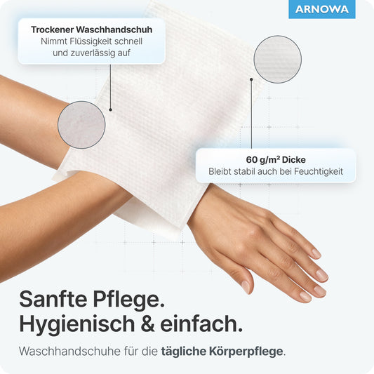 Die linke Hand einer Person trägt einen ARNOMED Einmalwaschhandschuh aus Molton von ARNOWA GmbH, während die rechte Hand ihn berührt. Highlights: saugfähig, stabil bei 60 g/m², Dermatest-Siegel, ideal für die tägliche Haut- und Körperpflege. Beutel: 50 Stück.