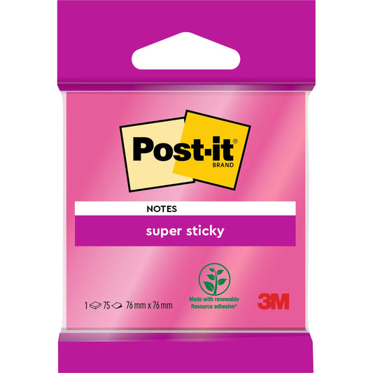Eine Packung Post-it® Super Sticky Notes 6820S3 (1 Block, 75 Blatt, 76 x 76 mm) in neongrün, neonpink, ultragelb, ultragrün & ultrapink. Mit Umweltzeichen (100% PEFC), Produktdetails und 3M-Logo auf der Vorderseite.