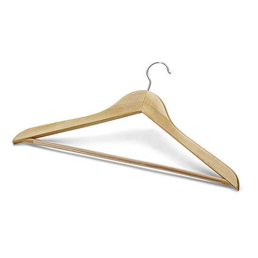 Der Nölle Profi Brush Konfektionsbügel 45 cm aus Holz mit rutschfestem Steg und Metallhaken, ideal zum Aufhängen von Hosen oder Kleidung, ist als 1 Stück vor weißem Hintergrund abgebildet.