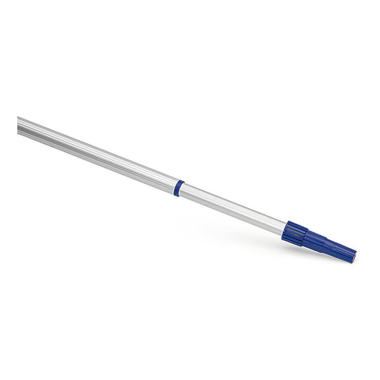 Die Nölle Profi Brush Teleskopstange Aluminium von Nölle Profi Brush Bürsten- & Pinseltechnik e.K. ist mit blauen Kunststoffendstücken ausgestattet und eignet sich hervorragend zur Verlängerung der Reichweite beim Anbringen von Reinigungs- oder Wartungswerkzeugen.