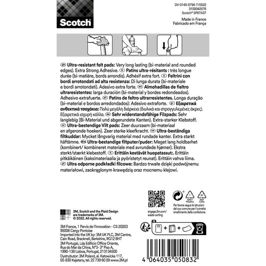 Scotch® Extrembeständige Filzpads SP87A37 von 3M Deutschland GmbH. Auf der Vorderseite der Verpackung stehen "ultrabeständige Filzpads" und "extra starker Klebstoff" in mehreren Sprachen, mit Symbolen und Details. Enthält 12 selbstklebende Pads (24 mm x 22 mm).