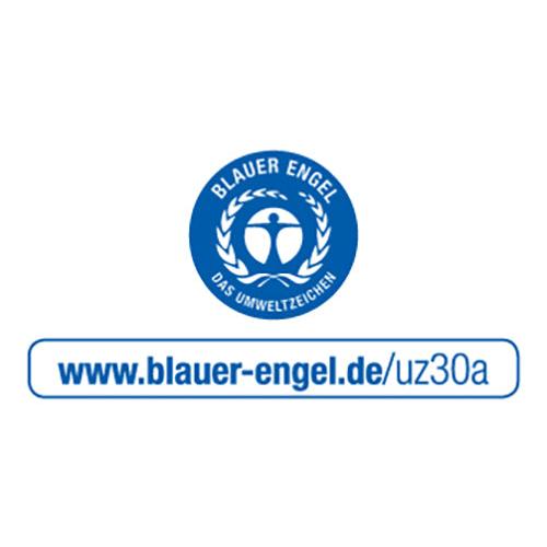 Ein blau-weißes Logo mit „Blauer Engel Das Umweltzeichen“ umkreist Starpak Müllsäcke, LDPE, 240l, 145x120cm, schwarz (8 Stück) und hebt umweltfreundliche Taschen hervor. Nachfolgend finden Sie die Webadresse: www.blauer-engel.de/uz30a.