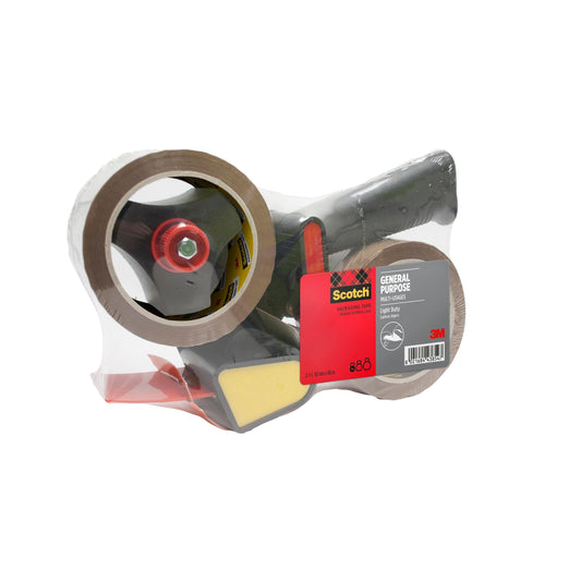 Eine Packung der 3M Deutschland GmbH mit Pistolengriffabroller und Scotch® Allzweckklebeband, geräuscharm, braun (50 mm x 66 m), inklusive 1 Abroller und 2 Rollen pro Packung.