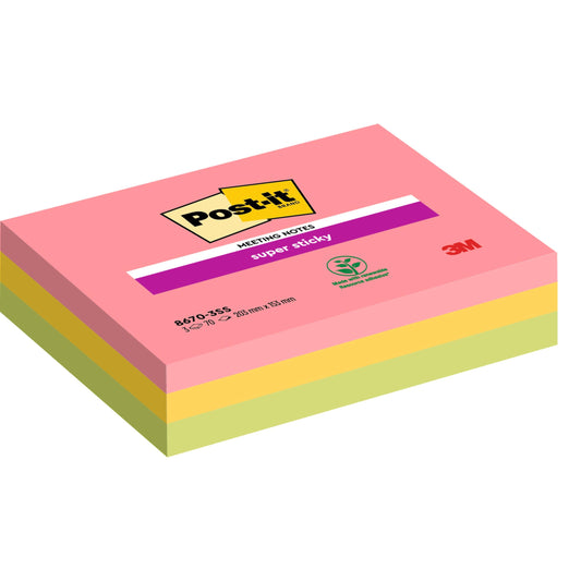 Eine Packung Post-it® Super Sticky Meeting Notes von 3M Deutschland GmbH, verschiedene Farben, 203x153 mm, 70 Blatt pro Block, 3 Blöcke pro Packung, 100% PEFC zertifiziert (SGSCH-PEFC-COC-110078).