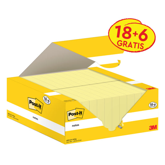 Eine gelb-weiße Schachtel Post-it® Notes der 3M Deutschland GmbH enthält 18 Blöcke plus 6 Gratis (38 × 51 mm, je 100 Blatt). In der rechten oberen Ecke befindet sich ein rotes Etikett "18+6 Gratis". Die Verpackung ist aus Karton, PEFC-zertifiziert.
