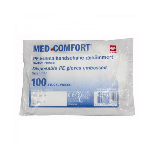 Eine Packung MED-COMFORT PE-Handschuhe gehämmert der AMPri Handelsgesellschaft mbH, erhältlich in der Herrengröße L, enthält 100 Stück. Die Verpackung ist sowohl in deutscher als auch in englischer Sprache beschriftet, wodurch sich diese Einmalhandschuhe ideal für den Einsatz in der Lebensmittelindustrie eignen.