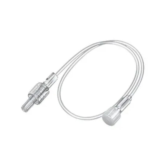 Die B. Braun Infusionszubehör Original Perfusor®-Leitung MR verfügt über einen flexiblen, durchscheinenden Anschluss mit einem gerippten zylindrischen Ende und einem glatten, abgerundeten Ende, ideal für die Infusionstherapie.