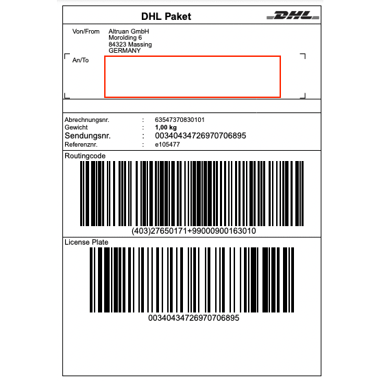 Une étiquette DHL de la société Altruan GmbH (Morolding 6, 84323 Massing, Allemagne) contenant des codes-barres et un poids de 1,00 kg avec le numéro de suivi 00340434276970706895. L'adresse du destinataire est vide pour les mises à jour via l'application PackMaster : Weclapp Logistik Packing App pour améliorer l'efficacité des étiquettes d'expédition.