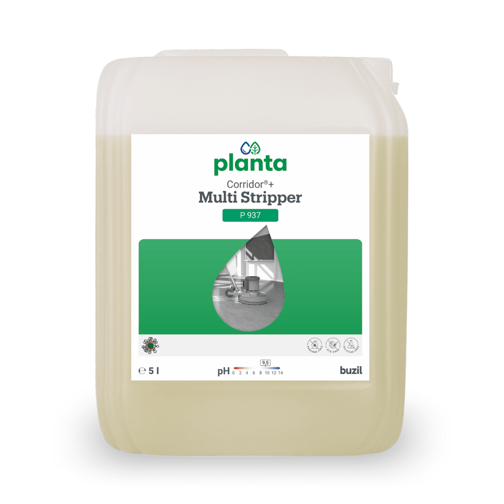 Un bidon de 5 litres de Buzil Corridor®+ Multi Stripper P 937, un nettoyant de base universel écologique de la société BUZIL-WERK Wagner GmbH & Co. KG. L'étiquette, de couleur verte et blanche, comporte des consignes de nettoyage ainsi qu'une illustration représentant un sol en cours de nettoyage, qui met en évidence la compatibilité du produit avec les différents matériaux.