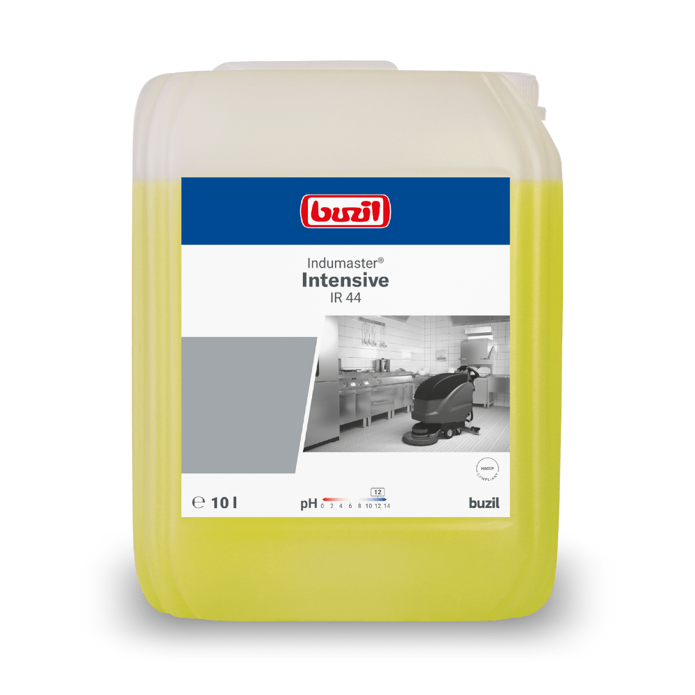 Un bidon blanc et bleu de 10 litres de la société BUZIL-WERK Wagner GmbH & Co. KG, portant la mention « Buzil Indumaster® Intensive IR 44 Nettoyant industriel sans phosphate pour cuisines », présente l'image d'une machine de nettoyage dans un environnement industriel ainsi que des informations sur son pH. Il est idéal pour les cuisines professionnelles.
