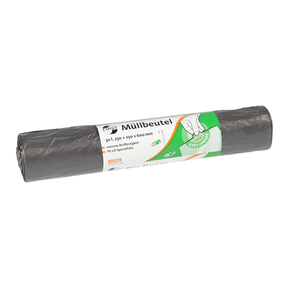 Een rol grijze vuilniszakken DEISS 34003 van EMIL DEISS KG (GmbH + Co.) is voorzien van een etiket met recyclingsymbolen en productinformatie in het Duits voor vuilniszakken van 30 liter. Het etiket meet 250 + 250 x 600 mm en toont een afbeelding van een hand die het Easy-Opener-ontwerp demonstreert voor het gemakkelijk legen van de zak.