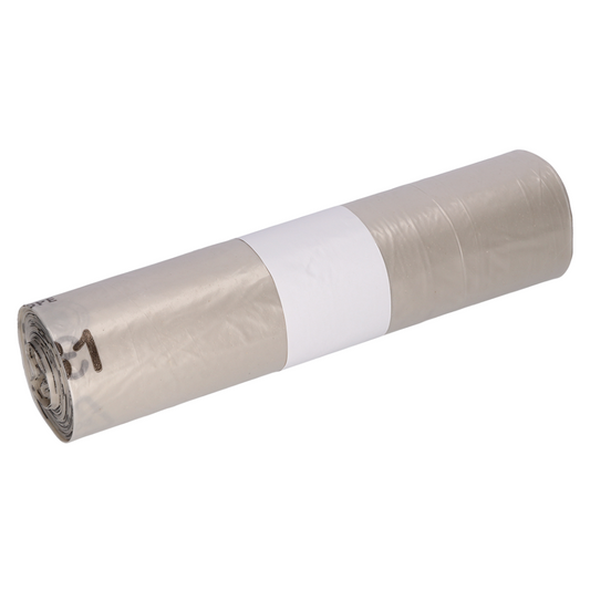 Ein gerolltes Set transparenter DEISS 29720 Müllbeutel von EMIL DEISS KG (GmbH + Co.), umwickelt mit einer weißen Banderole, ideal für die effiziente Abfallbewirtschaftung.