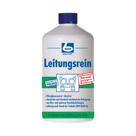 Eine Dr. Becher Leitungsreinigungsflasche, überwiegend blau und weiß, steht aufrecht mit deutschem Text und Grafiken. Dieses hygienische Flüssigkonzentrat eignet sich perfekt zur Reinigung von Bierleitungen und erfüllt chemische und technische Standards. Die verbesserte Formel der Dr. Becher GmbH weist auf einen roten Hinweis hin.