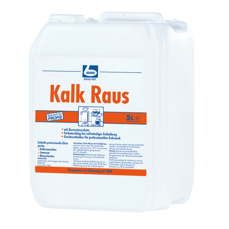 Une cruche en plastique blanche portant l'inscription «Dr. Becher Le produit « Kalk Raus – Détartrant pour appareils de cuisine » contient 5 litres d'un détartrant professionnel, dont l'étiquette, de couleur bleue et orange, comporte des illustrations accompagnées de consignes d'utilisation.