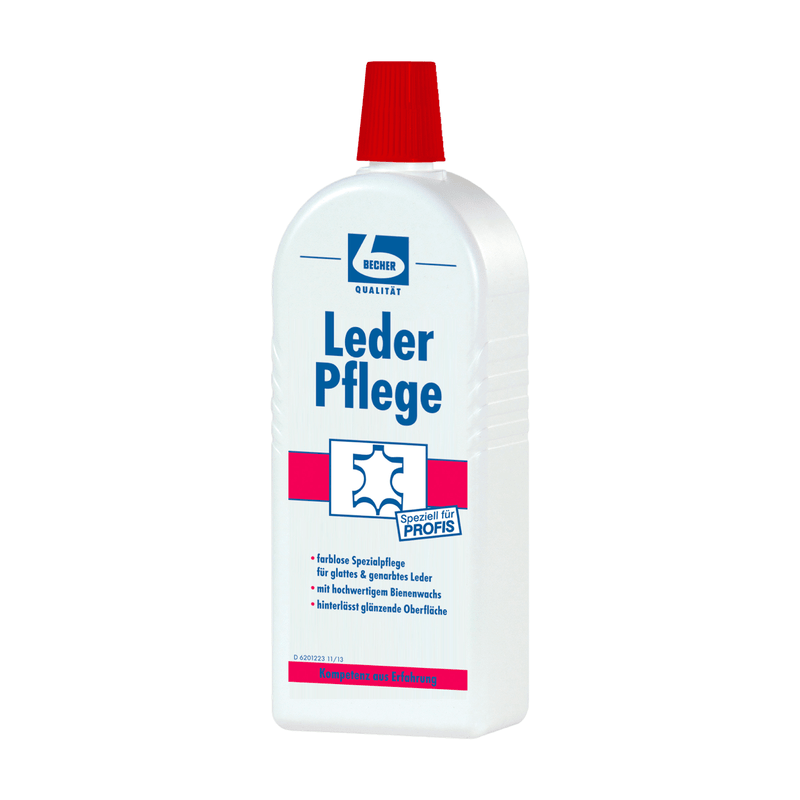 Un flacon de produit d'entretien pour le cuir Dr. Becher Produit d'entretien pour le cuir, de couleur blanche, avec un couvercle rouge et un texte principalement en allemand, comprenant le mode d'emploi et la liste des avantages.