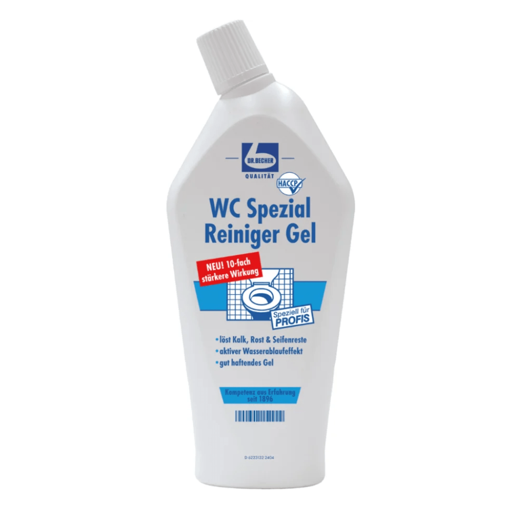Une bouteille en plastique blanche Dr. Becher Gel nettoyant spécial pour WC de Dr. Becher SARL, avec un bouchon incliné et une étiquette comportant un texte en bleu et en rouge qui vante la propreté hygiénique et l'efficacité accrue du produit pour un usage professionnel, y compris la fonction « élimination du calcaire », qui souligne le savoir-faire technique allemand du produit.