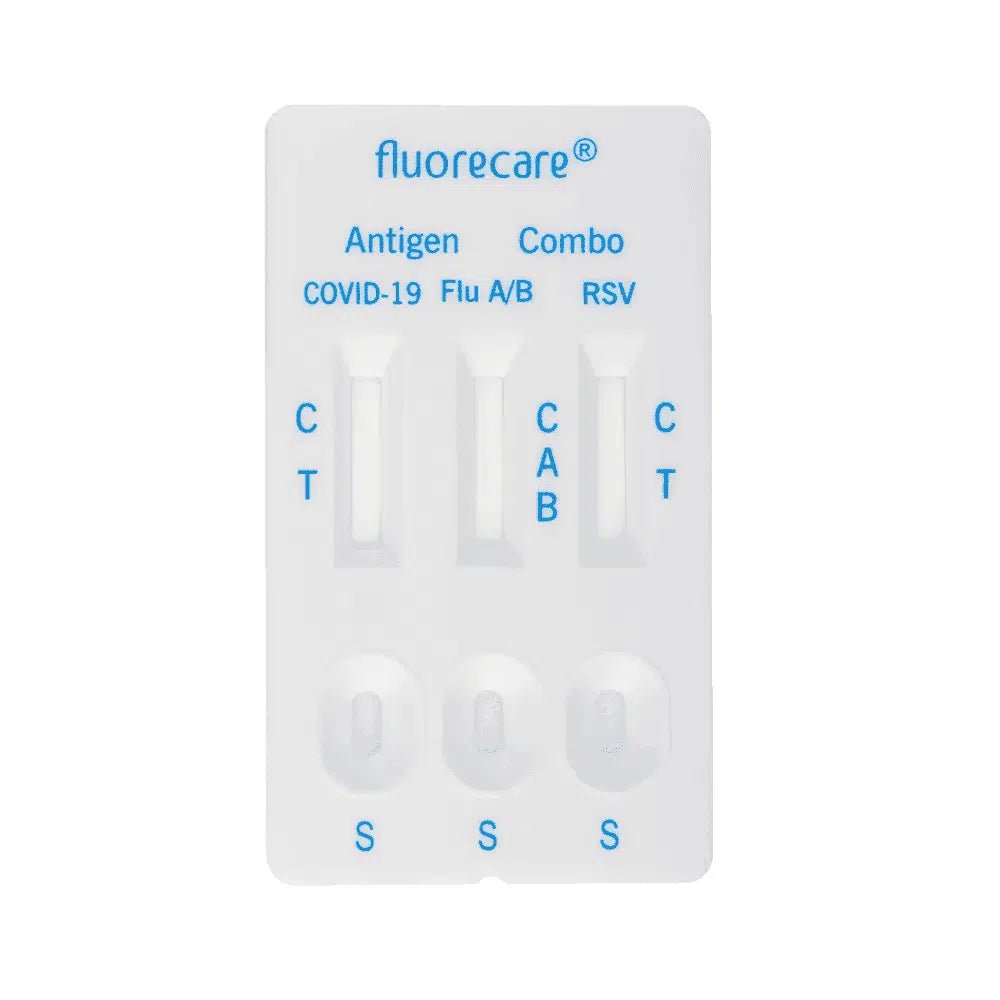 Le test combiné Fluorecare SARS-CoV-2, grippe A + B et VRS est une solution complète permettant de détecter la COVID-19, la grippe A/B et le VRS. Cette bandelette de test pratique comporte des zones clairement identifiables portant les repères C, A, B et T, ainsi que de petites fenêtres de résultat, afin de réaliser efficacement les tests de dépistage du SARS-CoV-2 ainsi que les tests antigéniques de la grippe A/B et du RSV.