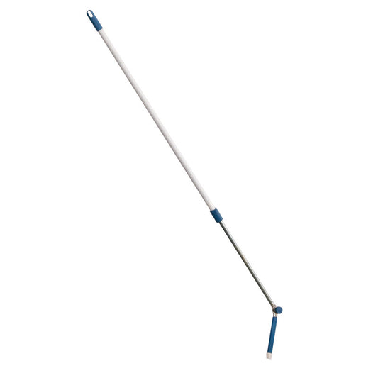Der TELESKOPSTIEL, STAHLROHR WEIß MIT WINKELGELENK, AUSZ. 2000MM von Haug Bürsten KG ist ein langstieliges Reinigungswerkzeug mit verstellbarem Stahlgriff und abgewinkeltem Gelenk - perfekt zum Erreichen und Reinigen von engen oder schwer zugänglichen Stellen.